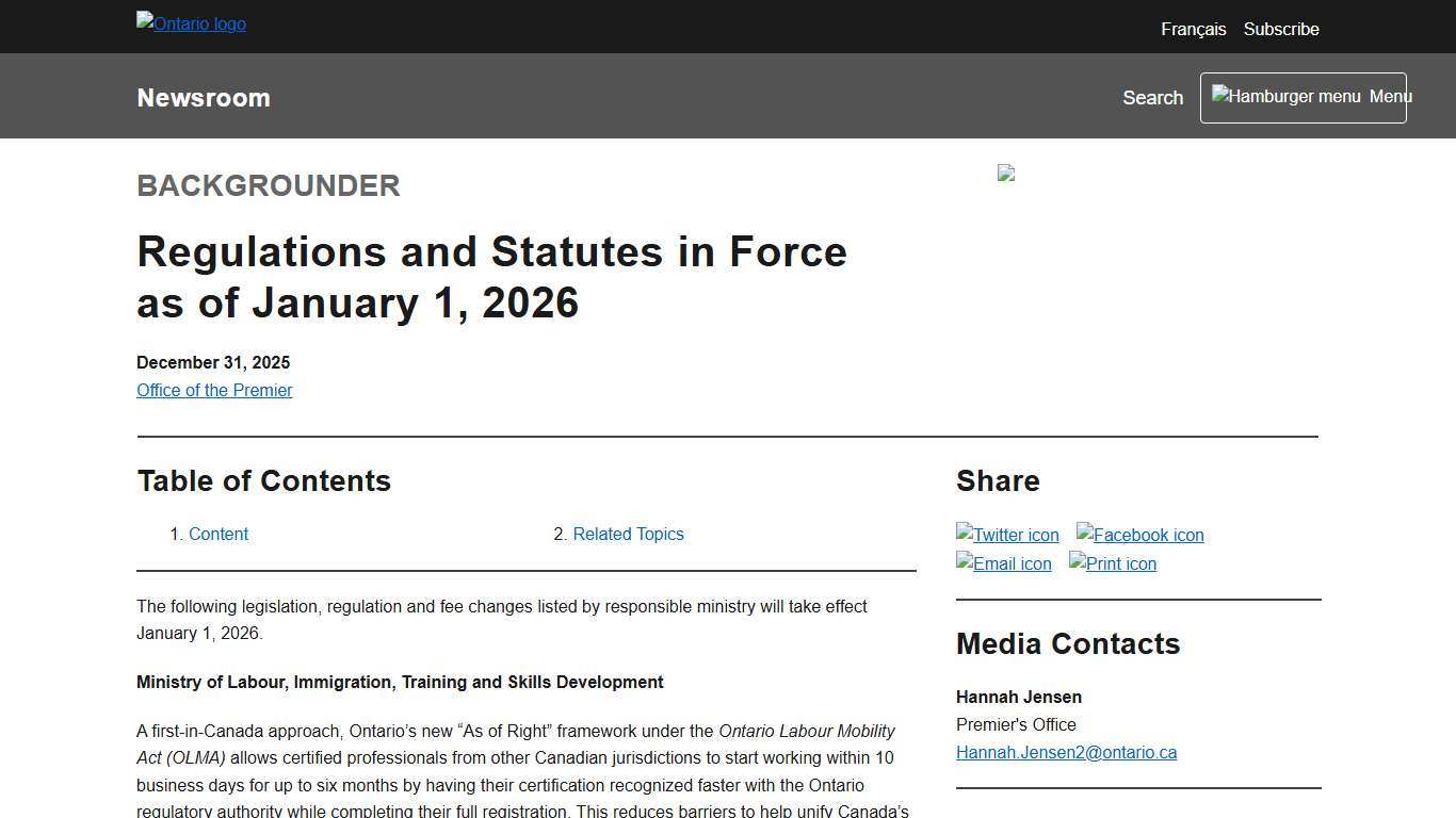 Regulations and Statutes in Force as of January 1, 2026 | Ontario Newsroom